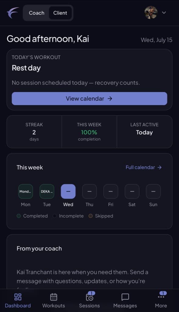 SwiftCoach client dashboard